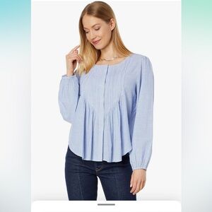 EUC Lucky Brand Blue & White Striped Pintuck Button-Down Cotton Blouse
